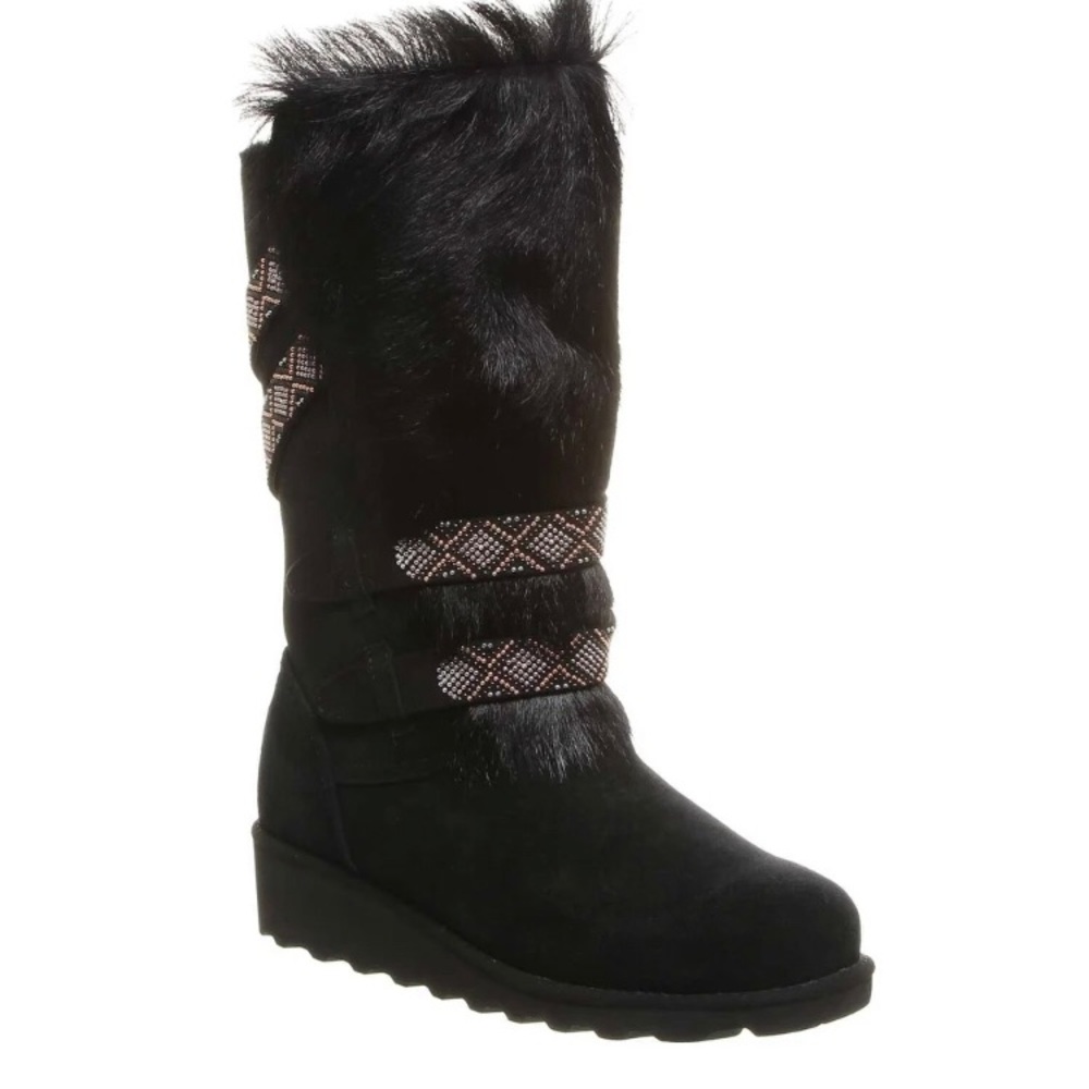 Bearpaw Claudia Black Boots with Beaded Strap Accents